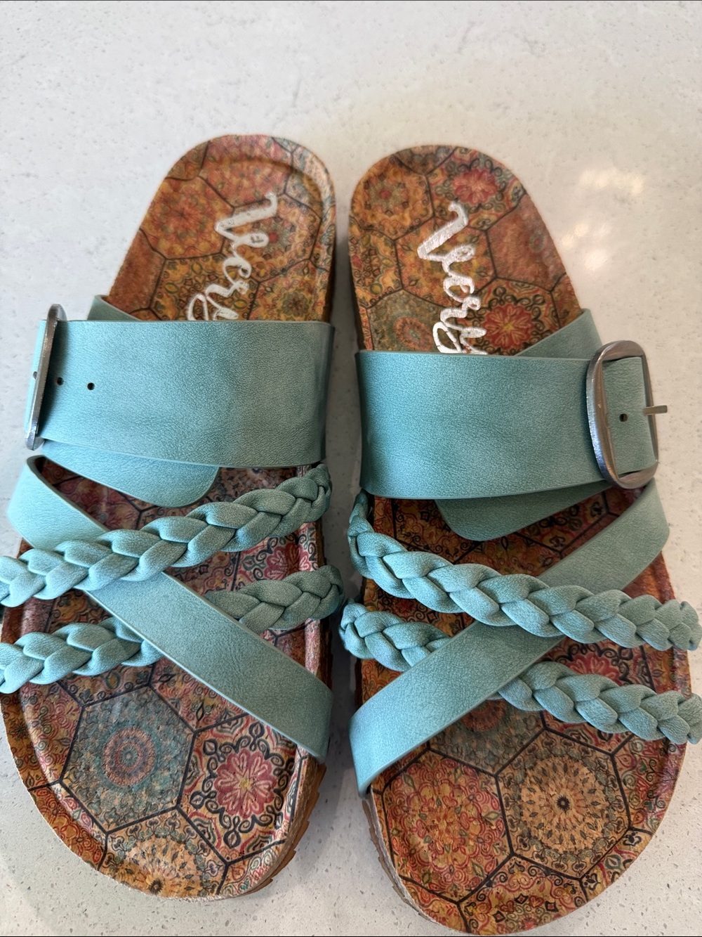 Very G Braided Multi-Strap Slide Sandals in Teal - Picture 2 of 3